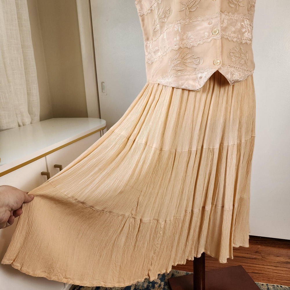 PL Light Pink Peach Tiered Maxi Skirt with Elastic Waist, Vintage Clothing